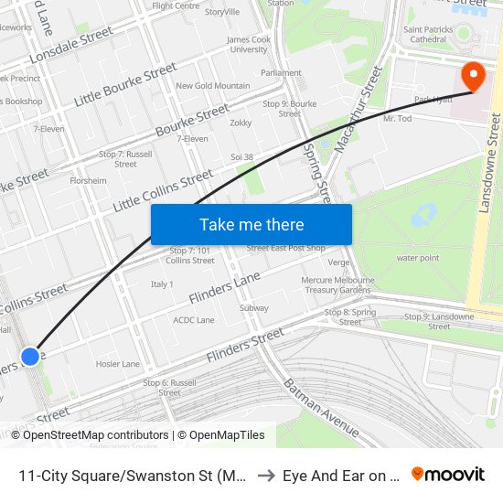 11-City Square/Swanston St (Melbourne City) to Eye And Ear on the Park map