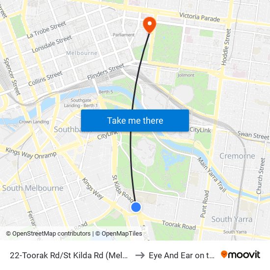 22-Toorak Rd/St Kilda Rd (Melbourne City) to Eye And Ear on the Park map