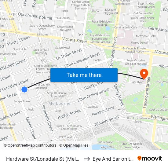 Hardware St/Lonsdale St (Melbourne City) to Eye And Ear on the Park map