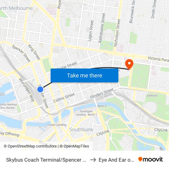 Skybus Coach Terminal/Spencer St (Melbourne City) to Eye And Ear on the Park map