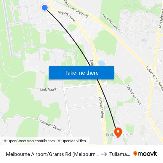 Melbourne Airport/Grants Rd (Melbourne Airport) to Tullamarine map