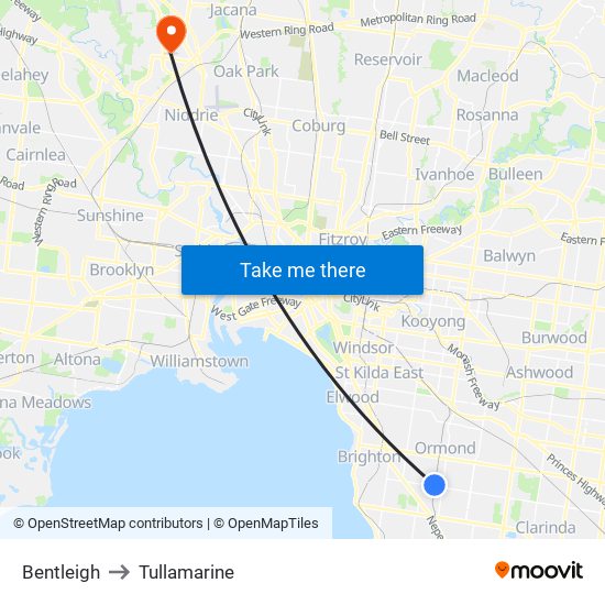 Bentleigh to Tullamarine map