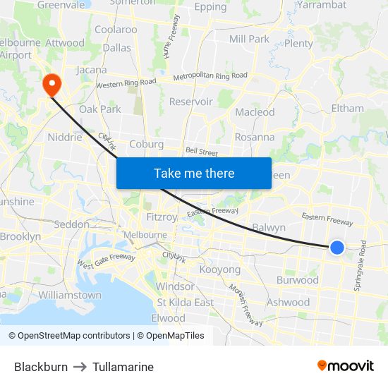 Blackburn to Tullamarine map