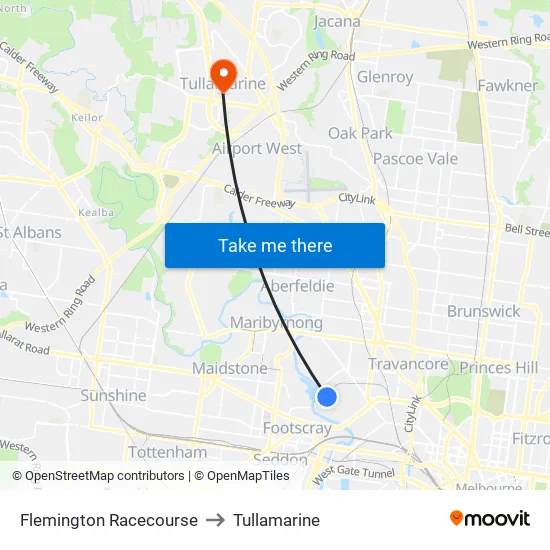 Flemington Racecourse to Tullamarine map