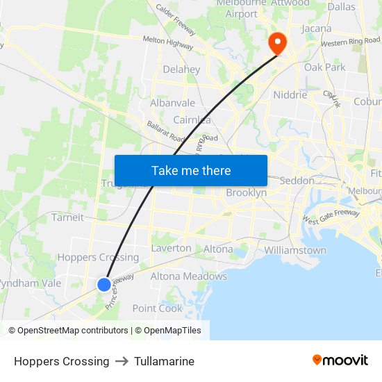 Hoppers Crossing to Tullamarine map