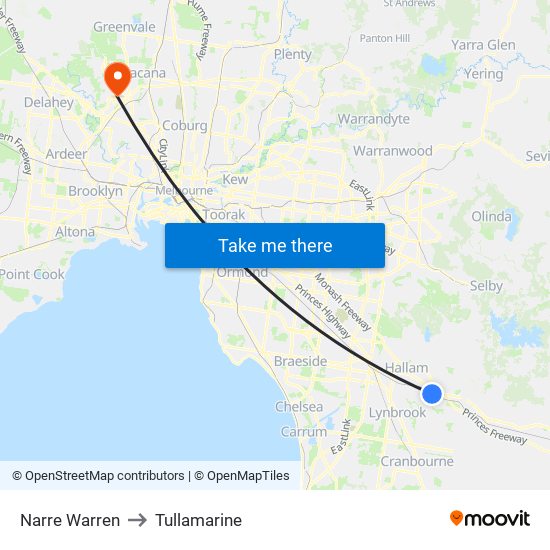 Narre Warren to Tullamarine map