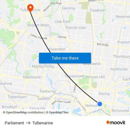 Parliament to Tullamarine map