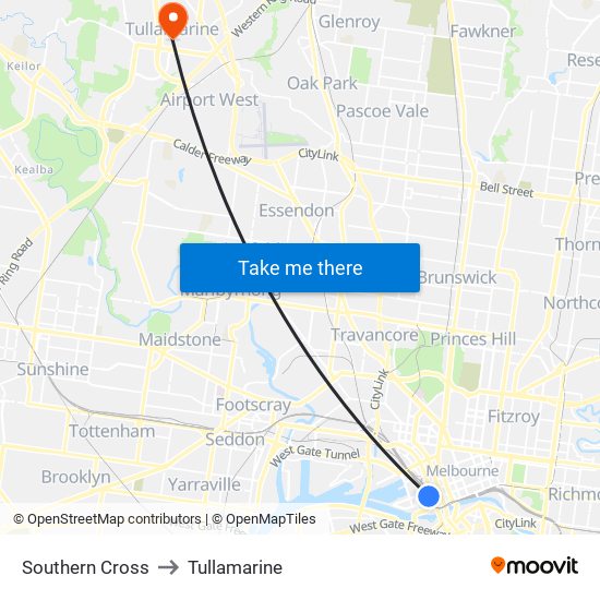 Southern Cross to Tullamarine map