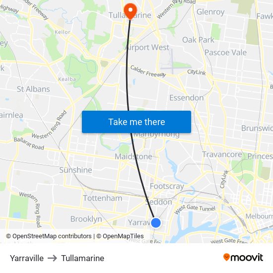 Yarraville to Tullamarine map