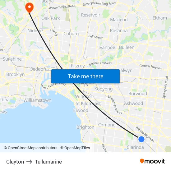 Clayton to Tullamarine map