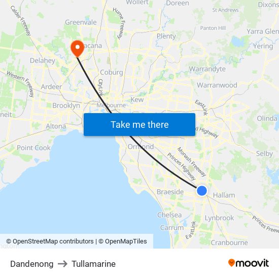 Dandenong to Tullamarine map