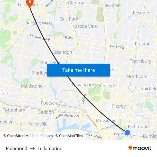 Richmond to Tullamarine map