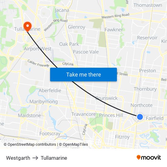 Westgarth to Tullamarine map