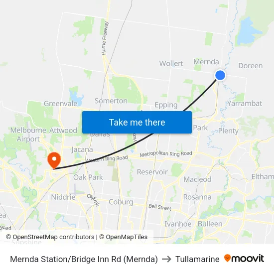 Mernda Station/Bridge Inn Rd to Tullamarine map