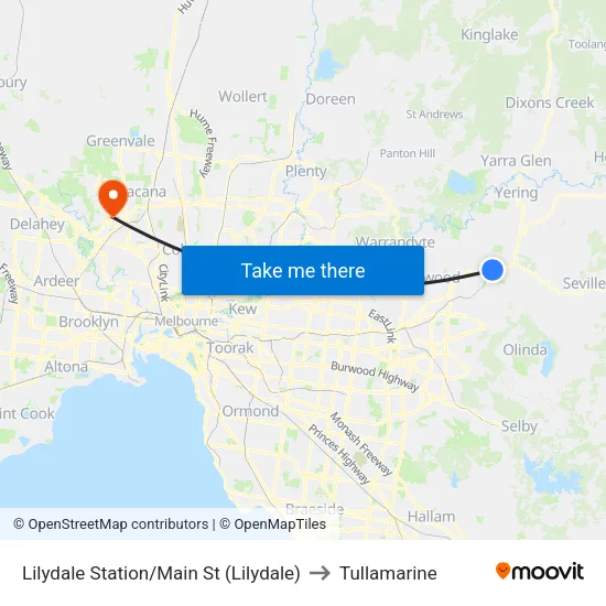 Lilydale Station/Main St to Tullamarine map