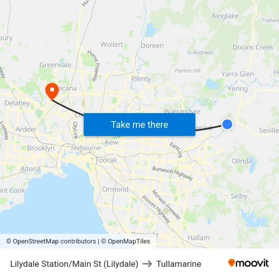 Lilydale Station/Main St to Tullamarine map