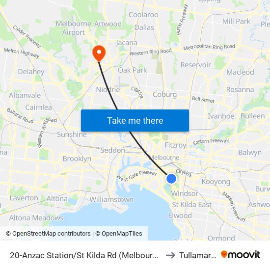 20-Anzac Station/St Kilda Rd (Melbourne City) to Tullamarine map