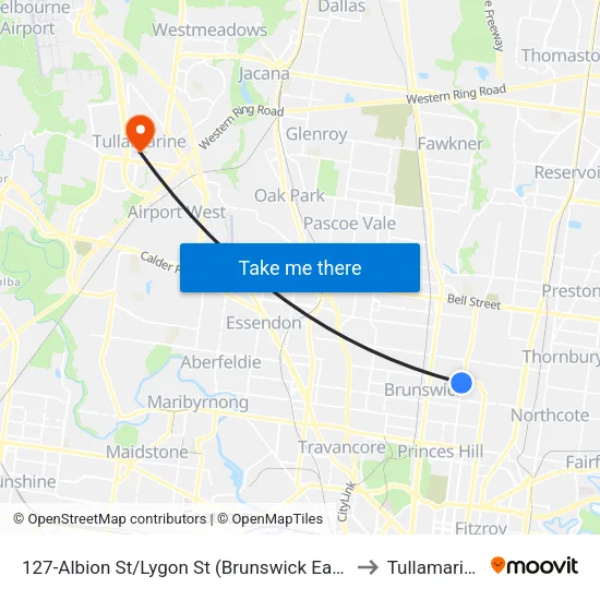 Albion St/Lygon St #127 to Tullamarine map