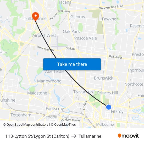 113-Lytton St/Lygon St (Carlton) to Tullamarine map