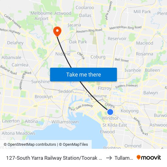 127-South Yarra Railway Station/Toorak Rd (South Yarra) to Tullamarine map