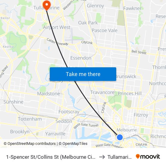 1-Spencer St/Collins St (Melbourne City) to Tullamarine map