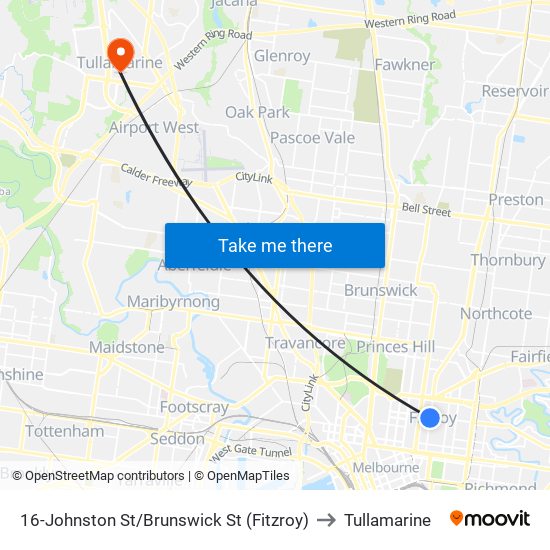 16-Johnston St/Brunswick St (Fitzroy) to Tullamarine map