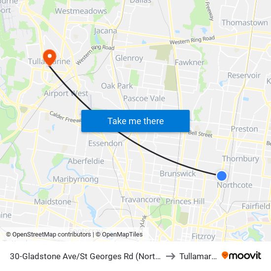 30-Gladstone Ave/St Georges Rd (Northcote) to Tullamarine map