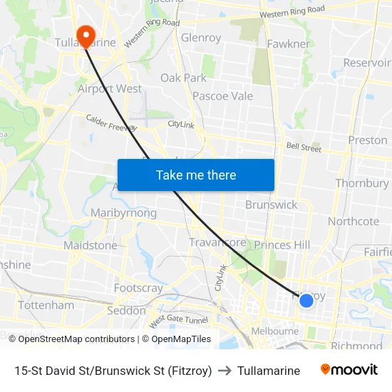 St David St/Brunswick St #15 to Tullamarine map