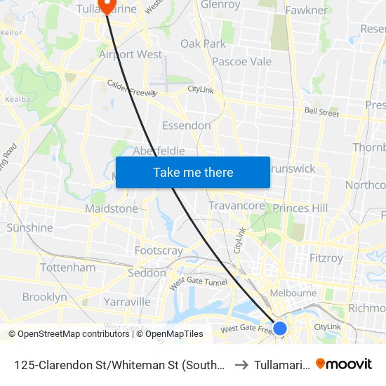 125-Clarendon St/Whiteman St (Southbank) to Tullamarine map