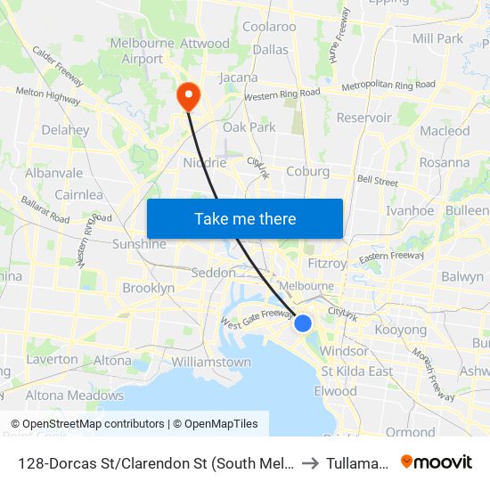 128-Dorcas St/Clarendon St (South Melbourne) to Tullamarine map