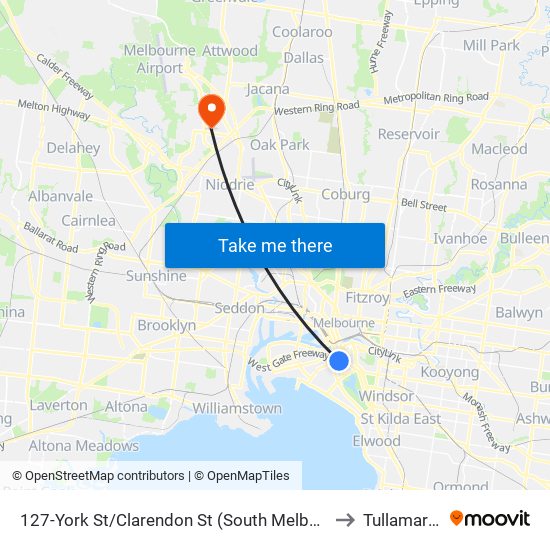 127-York St/Clarendon St (South Melbourne) to Tullamarine map