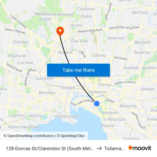 Dorcas St/Clarendon St #128 to Tullamarine map