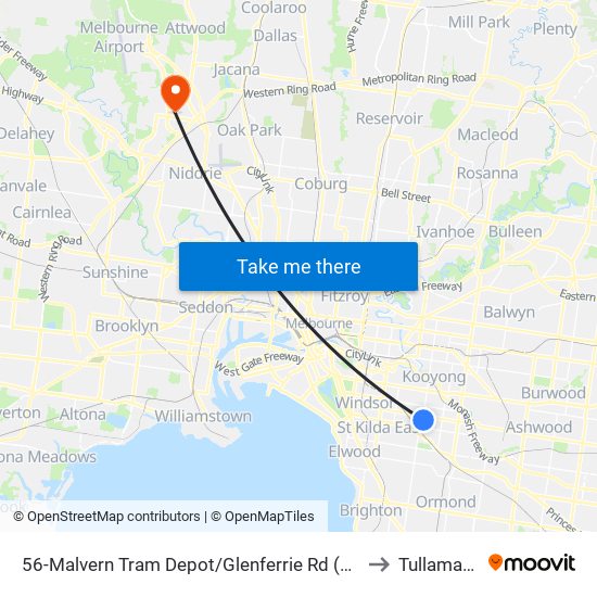 56-Malvern Tram Depot/Glenferrie Rd (Malvern) to Tullamarine map