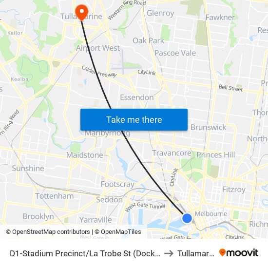 D1-Stadium Precinct/La Trobe St (Docklands) to Tullamarine map