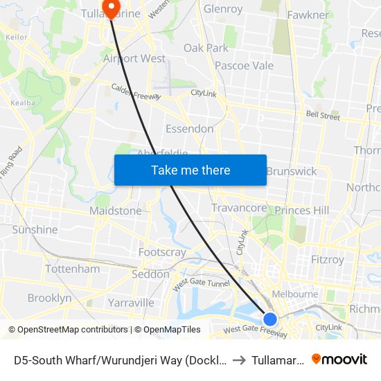 D5-South Wharf/Wurundjeri Way (Docklands) to Tullamarine map