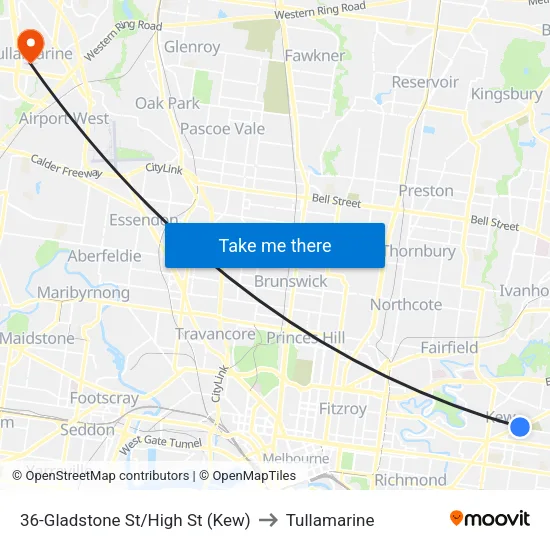 Gladstone St/High St #36 to Tullamarine map