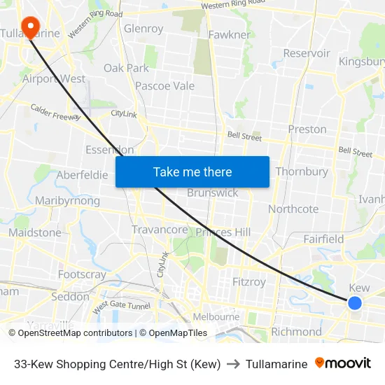 Kew Shopping Centre/High St #33 to Tullamarine map