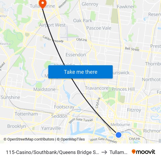 115-Casino/Southbank/Queens Bridge St (Southbank) to Tullamarine map