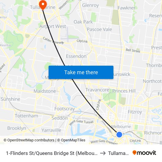1-Flinders St/Queens Bridge St (Melbourne City) to Tullamarine map