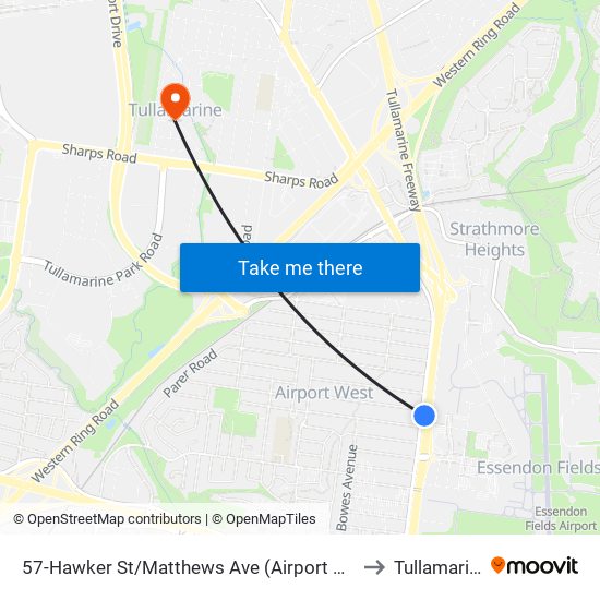 57-Hawker St/Matthews Ave (Airport West) to Tullamarine map