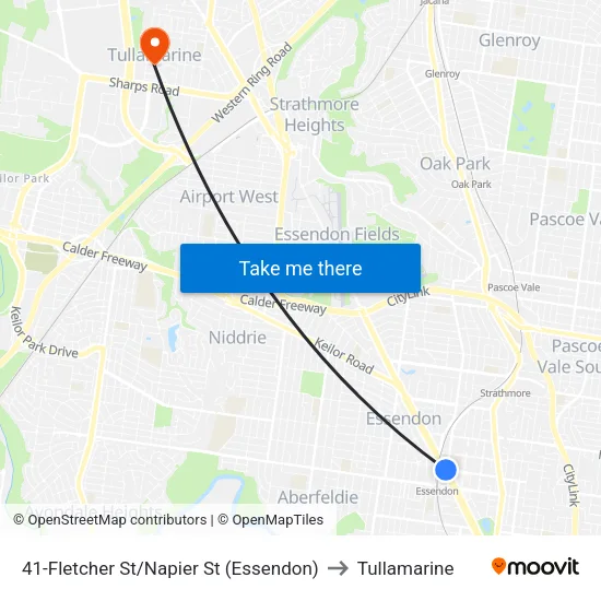 Fletcher St/Napier St #41 to Tullamarine map
