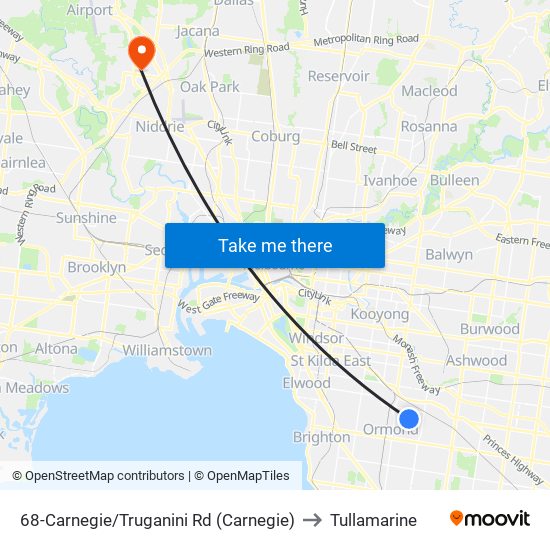 68-Carnegie/Truganini Rd (Carnegie) to Tullamarine map