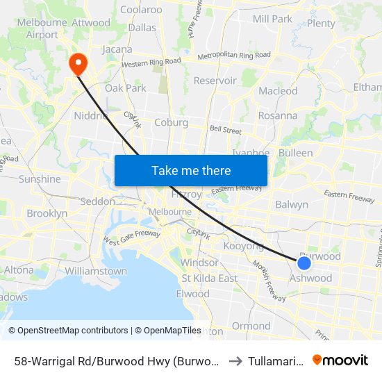 58-Warrigal Rd/Burwood Hwy (Burwood) to Tullamarine map