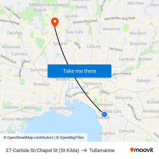 37-Carlisle St/Chapel St (St Kilda) to Tullamarine map