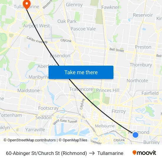 Abinger St/Church St #60 to Tullamarine map