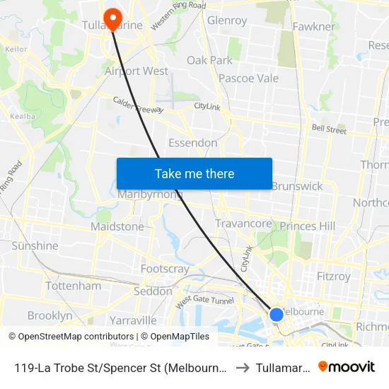 La Trobe St/Spencer St #119 to Tullamarine map