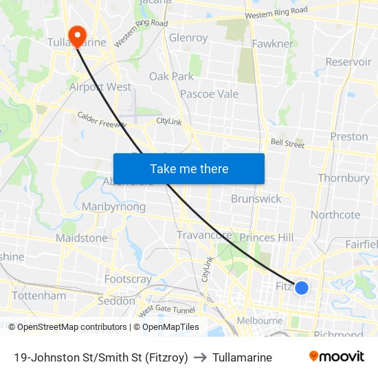 19-Johnston St/Smith St (Fitzroy) to Tullamarine map