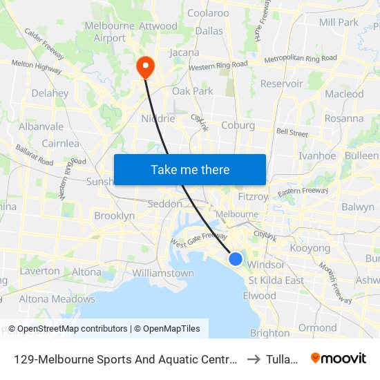 129-Melbourne Sports And Aquatic Centre/Light Rail (Middle Park) to Tullamarine map