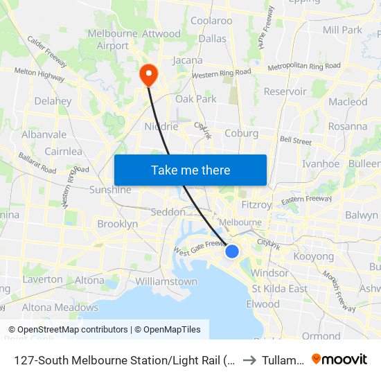 127-South Melbourne Station/Light Rail (South Melbourne) to Tullamarine map