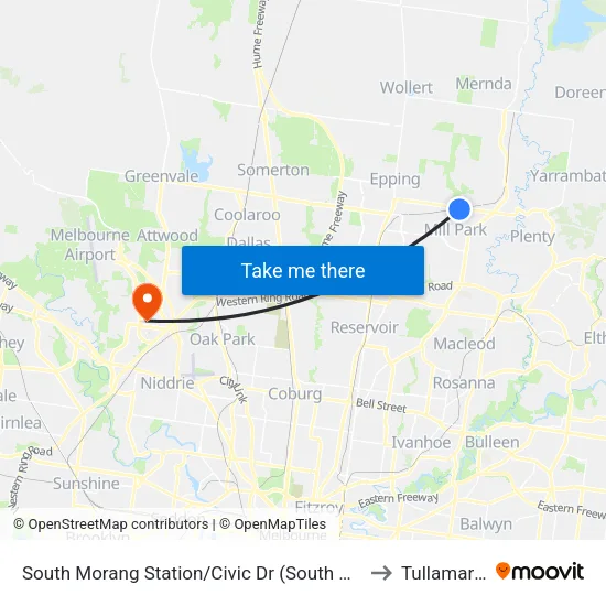 South Morang Station/Civic Dr to Tullamarine map